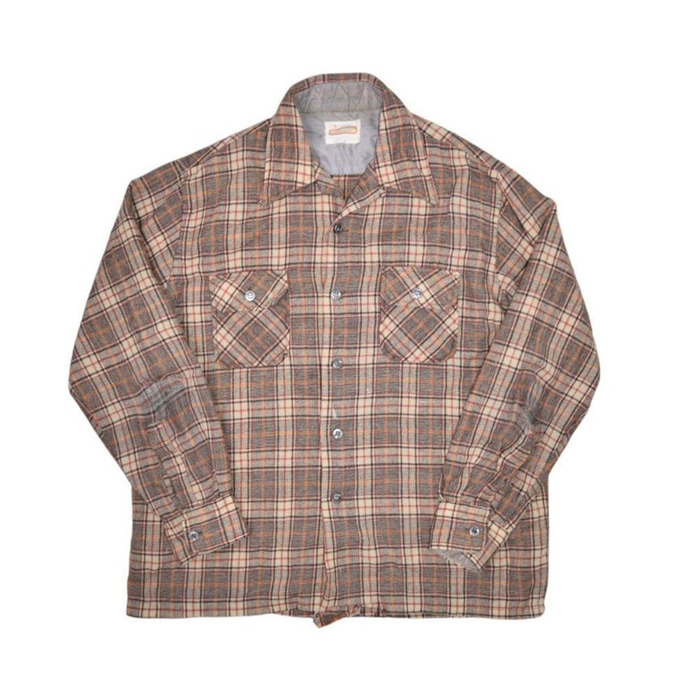 Vintage Kentfield Woodsman Wool Flannel Shirt Mens Large Brown Plaid Loop Collar